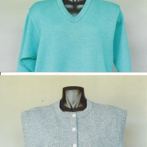 May include: Two knitted sweaters, one turquoise blue long-sleeved sweater and one light gray sleeveless sweater with white buttons.