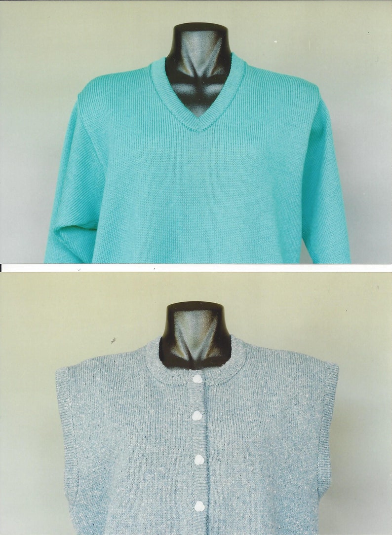 May include: Two knitted sweaters, one turquoise blue long-sleeved sweater and one light gray sleeveless sweater with white buttons.