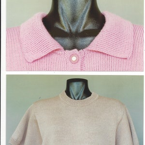 May include: Two knitted sweaters, one pink with a collar and button closure, and one beige with a crew neck and short sleeves.
