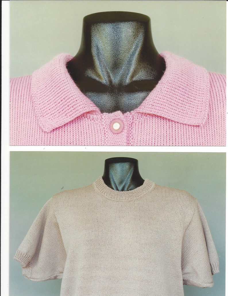 May include: Two knitted sweaters, one pink with a collar and button closure, and one beige with a crew neck and short sleeves.
