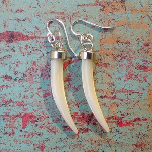 May include: A pair of ivory-colored, curved earrings with silver-tone metal accents. The earrings have a hook closure and a smooth, polished finish. The background is a textured mix of teal, red, and brown.