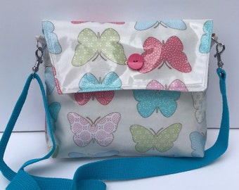 Butterfly print bag, small messenger bag, crossbody vegan bag, oilcloth bag