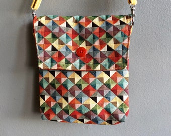 Small tapestry messenger handbag, harlequin fabric bag, messenger bag, multi colored crossbody bag