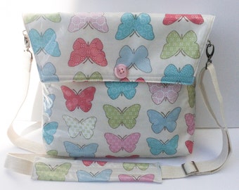 Butterfly print bag, large crossbody messenger bag, oilcloth bag, handbags for women