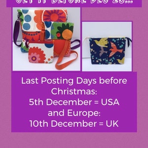 Puede incluir: Tres bolsas de tela coloridas con diferentes patrones. Las bolsas est&aacute;n todas cerradas y tienen correas. El texto en la imagen dice "GET IT BEFORE DEC 25..." y "Last Posting Days before Christmas: 5th December = USA and Europe: 10th December = UK".
