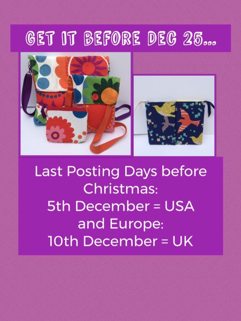 Puede incluir: Tres bolsas de tela coloridas con diferentes patrones. Las bolsas est&aacute;n todas cerradas y tienen correas. El texto en la imagen dice "GET IT BEFORE DEC 25..." y "Last Posting Days before Christmas: 5th December = USA and Europe: 10th December = UK".