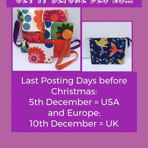 May include: Three colourful fabric bags with different patterns. The bags are all different sizes and have a strap. The text on the image reads "GET IT BEFORE DEC 25..." and "Last Posting Days before Christmas: 5th December = USA and Europe: 10th December = UK".