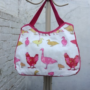 Large pink oilcloth handbag, large tote bag, handmade waterproof bag
