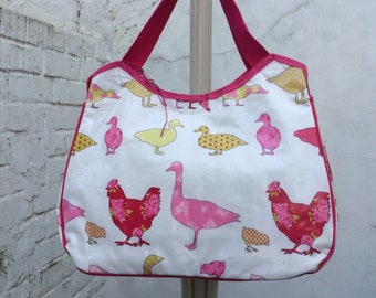 Large pink oilcloth handbag, large tote bag, handmade waterproof bag