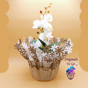 May include: A white orchid plant in a brown and white lace planter. The planter has a rustic, distressed look. The text "Originals To Go" is visible in the lower right corner of the image.