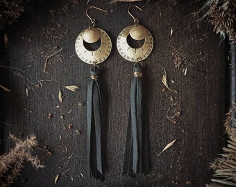 Brass and black leather earrings, Engraved earrings, boho folk style