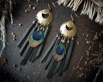 Peacock feather earrings, engraved brass earrings, black leather fringe jewelry