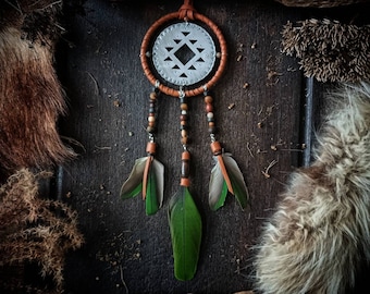 Dream catcher for rearview mirror, natural feathers,  Navajos patterns