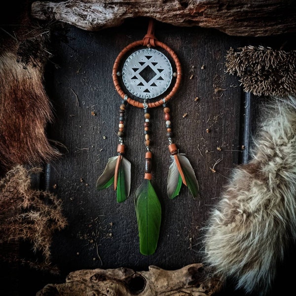 Dream catcher for rearview mirror, natural feathers,  Navajos patterns