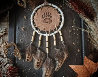 Bear dreamcatcher, pyrographed bear paw print, leather dream catcher, natural pheasant feather dreamcatcher