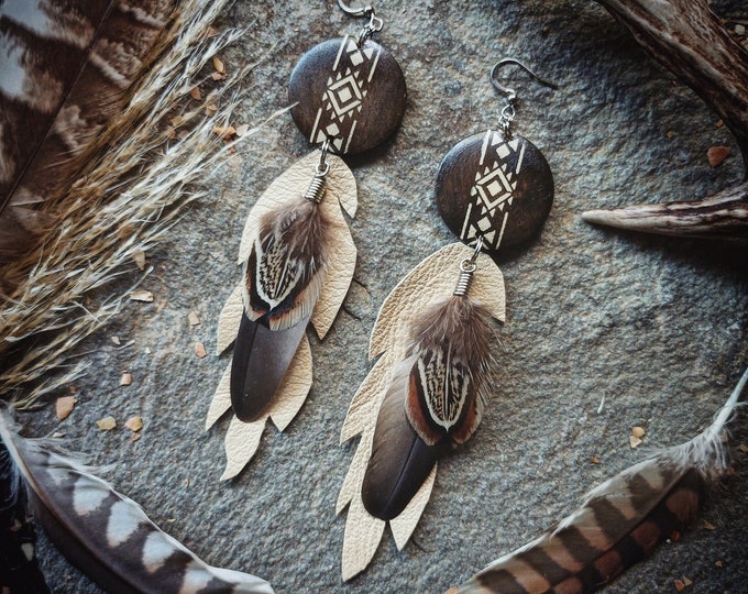 Featured listing image: Wood and white leather earrings, Native American style, sacred geometry, natural feather earrings