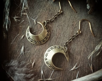 Small golden crescent moon earrings, handmade brass jewelry