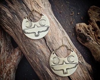 Brass raven earrings, engraved moon jewel, magic earrings, Norse goddess, bird earrings, wings