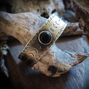 Engraved Brass Cuff – Natural Black Onyx – Moon Phases – Handmade Jewelry