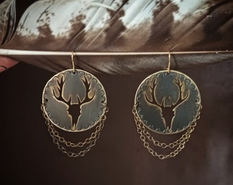 Deer skull earrings, handmade brass jewelry, Norse goddess, viking jewelry