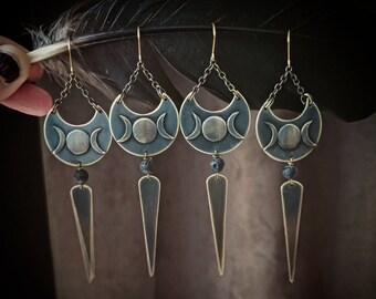 Triple moon earrings, artisanal brass jewelry