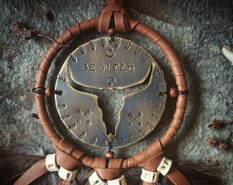 Dreamcatcher en cuir marron, crâne de buffle, petit attrape rêve voiture, décoration pour van