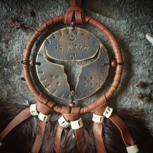 Dreamcatcher in brown leather, buffalo skull, boho car charm, decoration for van