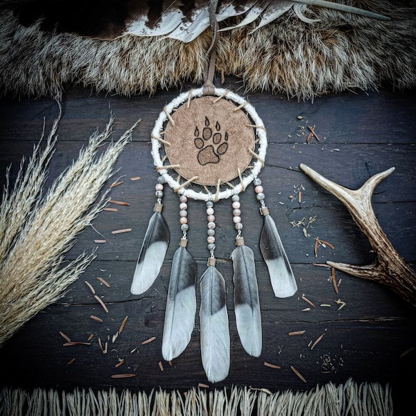 Attrape rêves loup, empreinte animaux, dreamcatcher amérindien