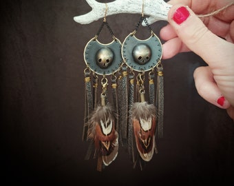 Brass skull earrings, witchy jewelry, natural feather and leather earrings