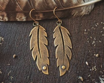 Brass feather earrings, bohemian earrings, French artisanal jewel, gift for boho woman