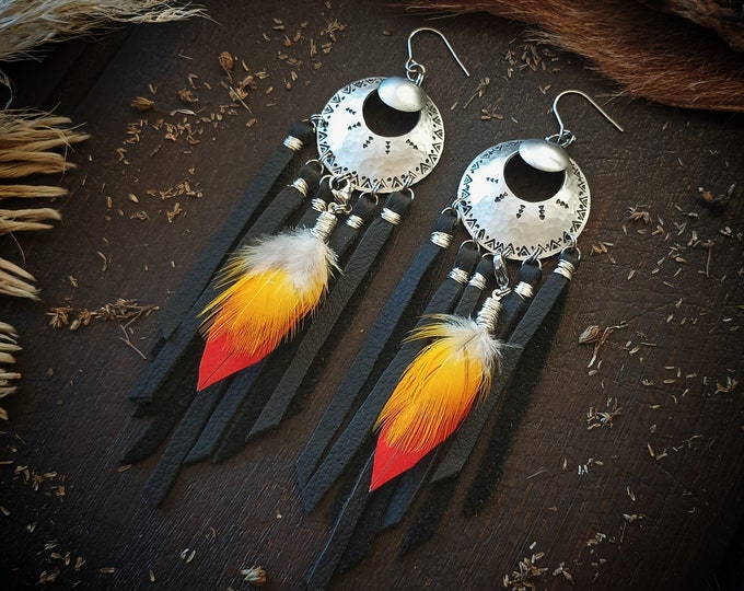 Colorful feather earrings, silver aluminum jewelry and black leather fringes, long boho earrings