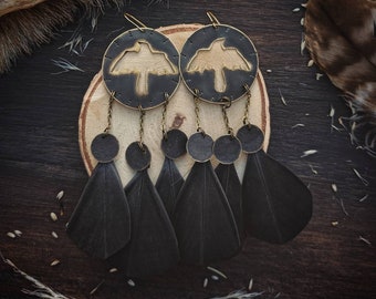 Crow earrings, bird earrings, black natural feathers, nordic goddess