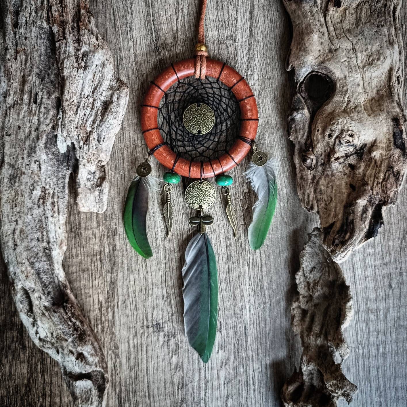 Petit Attrape Rêve Pour Rétroviseur de Voiture, Décoration Bohème, Dreamcatcher Plumes Vertes