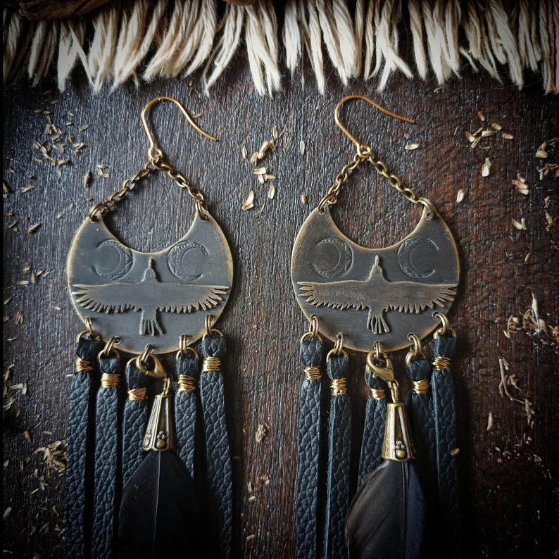 Crow earrings, black bird earrings, leather fringes, black feather jewelry, dark boho image 2