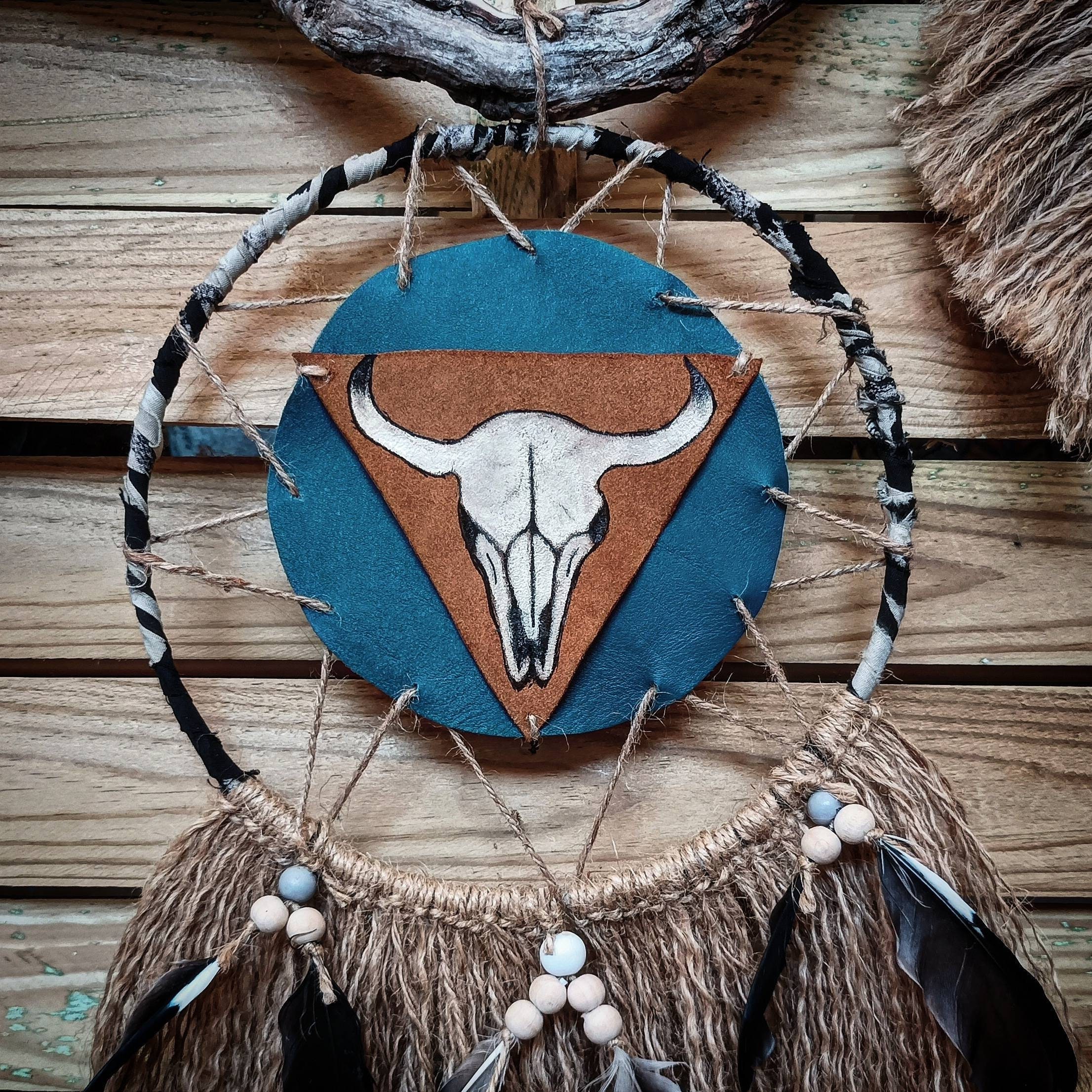 Attrape Rêves Naturel, Crâne de Bison, Décoration Murale Bohème, Dreamcatcher Nature