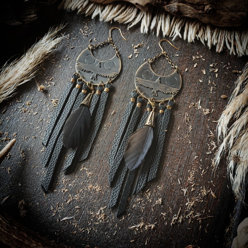 Crow earrings, black bird earrings, leather fringes, black feather jewelry, dark boho image 6