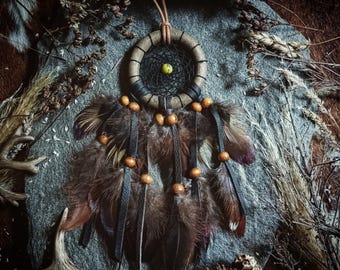 Small dreamcatcher for rear view mirror, rooster feathers, brown dreamcatcher, vanlife decor, boho decoration