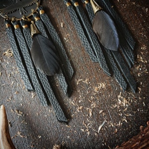 Crow earrings, black bird earrings, leather fringes, black feather jewelry, dark boho image 5