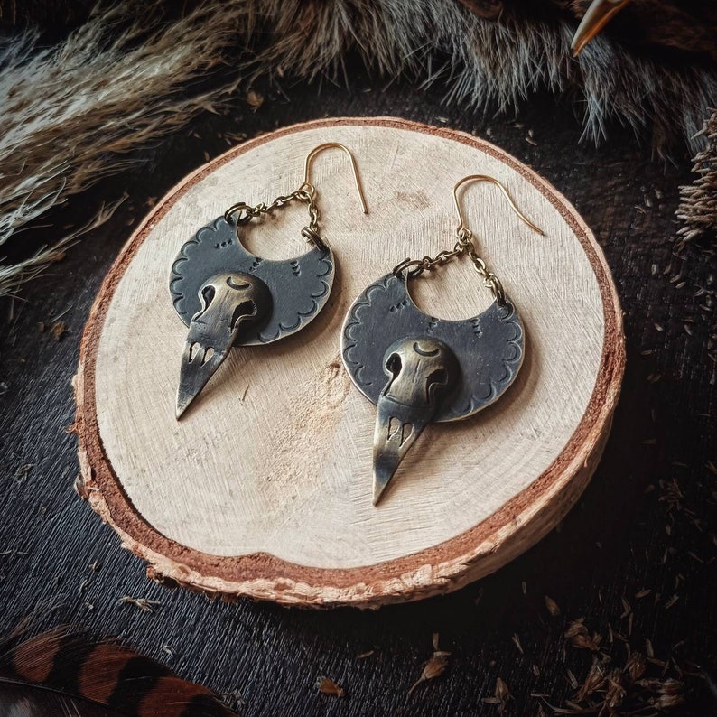 Crow earrings, bird skull, raven jewelry, Gothic, Celtic image 1