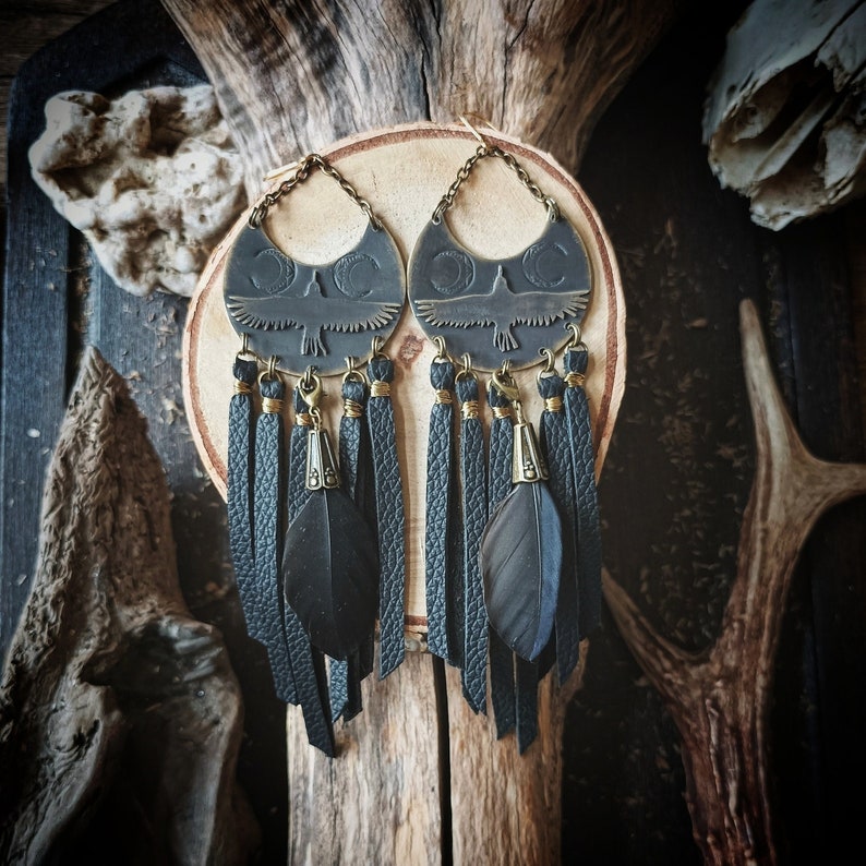 Crow earrings, black bird earrings, leather fringes, black feather jewelry, dark boho image 4