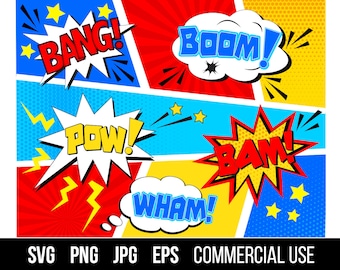 Comic Burst Cut Files. Clip Art Bang, Boom, Pow, Bam, Wham. Comic Burst SVG, EPS. Commercial use. Digital files for cutting machines, print