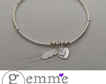Silver Feather Bracelet/Sterling Silver Stretch Bracelet/Silver Charm Bracelet/Silver Feather/Beaded Bracelet/Stretch Bracelet/Heart Charm