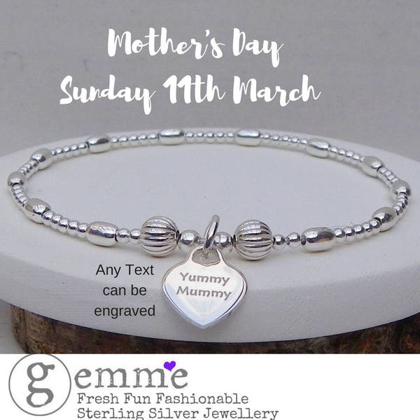 Sterling Silver Stretch Bracelet, Silver Engraved Heart, Personalised Heart, Mothers Day Gift, Stacking Bracelet, Gift for Her,Mum Jewellery