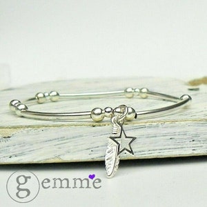 Sterling Silver Stretch Noodle Beaded Stacking Bracelet with Feather & Open Star Charms