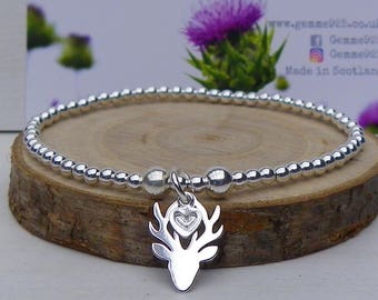Sterling Silver Stretch Bracelet with gorgeous Stag Head & Heart Charm