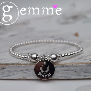 Sterling Silver Stretch Bracelet with Engraved Horseshoe Disc Charm personalised, Equine Jewellery