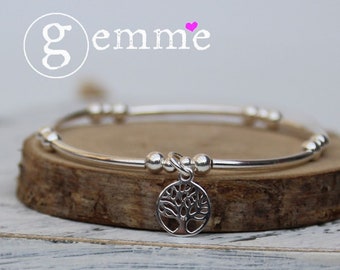 Sterling Silver Stretch Noodle Beaded Stacking Bracelet with Tree of Life Charm