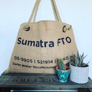 Coffee hessian bag/hessian tote/upcycled recycled coffee hessian sack/hessian handbag/beach bag/ shopper - 'Bean to Sumatra' tote
