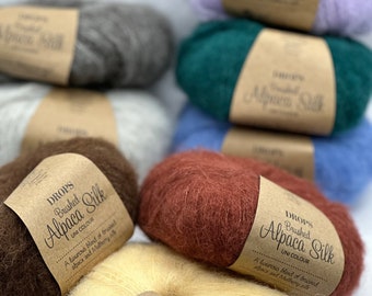 Drops Brushed Alpaga Silk : 10 épaisseurs biologique, Aran, laine peignée, idéale pour le tricot et le crochet