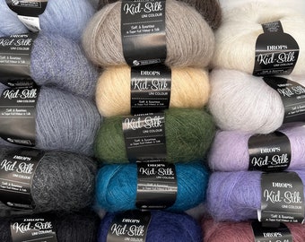 Drops Kid Silk: Mohair and silk mix, 2 ply, lace weight wool, ideal for knitting and crochet, perfect to combine with other wool